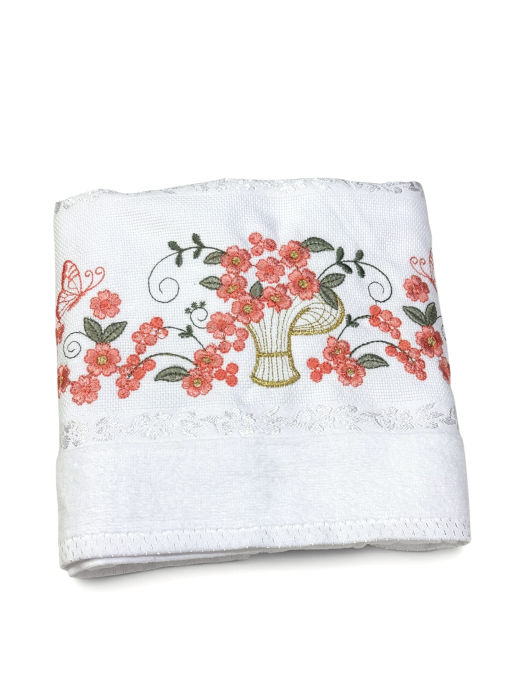 Prosop față brodat 50x90 cm|bumbac 100%| frotir absorbant| Vază cu flori [4]