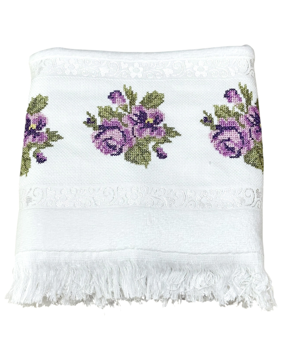 Prosop față brodat 50x90 cm cu franjuri|bumbac 100%| frotir absorbant| Trandafiri [2]