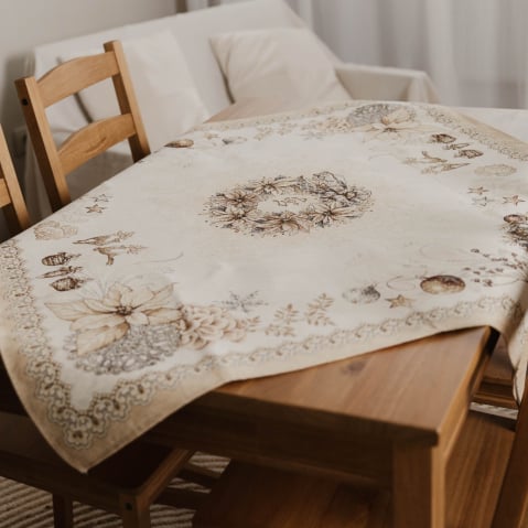 Colecția de Crăciun - Față masă Crăciun tip goblen, 1m/1m Crăciunițe Aurii