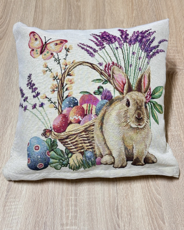 Fețe de pernă - Față pernă din bumbac tip goblen, 40/40 cm, Iepuraș, ouă și  lavandă