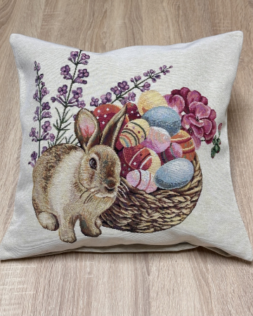 Fețe de pernă - Față pernă din bumbac tip goblen, 40/40 cm, Iepuraș și Coș cu Ouă