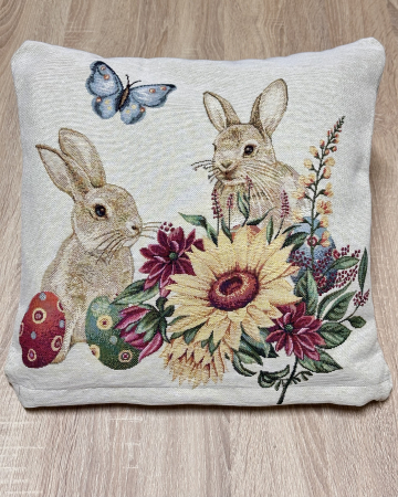 Lenjerii de pat - Față pernă din bumbac tip goblen, 40/40 cm, Iepuraș și Floarea Soarelui