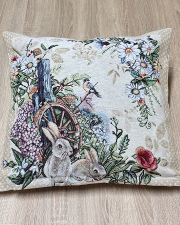 Fețe de pernă - Față pernă din bumbac tip goblen, 40/40 cm, Iepuri si Flori de Liliac 1