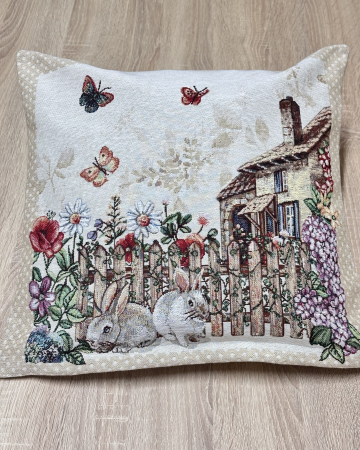 Colecția de Paște - Față pernă din bumbac tip goblen, 40/40 cm, Iepuri si Flori de Liliac 2