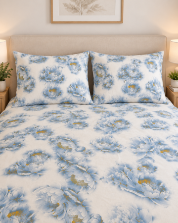 Set lenjerie Bumbac Ranforce - Lenjerie de pat cu model Bujori albaștri din bumbac ranforce 100% – Ana Confort
