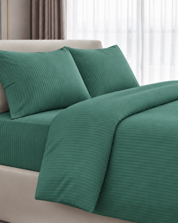 Set lenjerie Bumbac Damasc - Lenjerie de pat din bumbac damasc 100%, în dungi, Verde Petrol