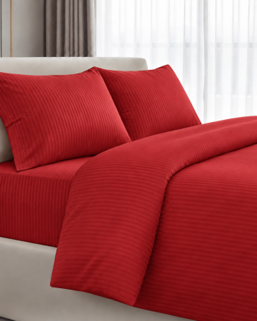 Set lenjerie Bumbac Damasc - Lenjerie de pat din bumbac damasc 100%, în dungi, Roșu