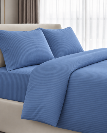 Set lenjerie Bumbac Damasc - Lenjerie de pat din bumbac damasc 100%, în dungi, Albastru prafuit