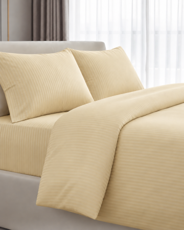 Set lenjerie Bumbac Damasc - Lenjerie de pat din bumbac damasc 100%, în dungi, Galben Unt