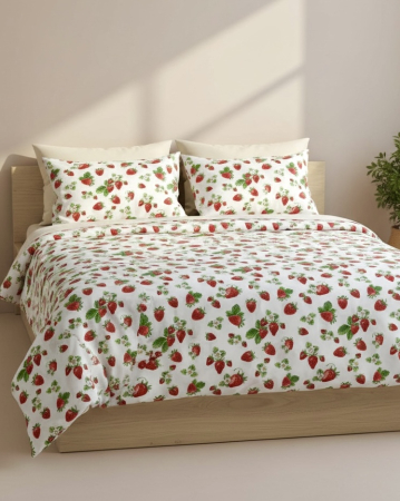 Set lenjerie Bumbac Ranforce - Lenjerie de pat din bumbac ranforce 100% - Căpșuni