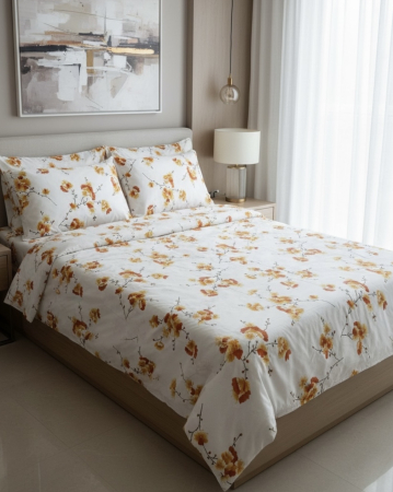 Set lenjerie Bumbac Ranforce - Lenjerie de pat din bumbac ranforce 100% - Crenguțe cu flori portocalii