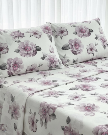Set lenjerie Bumbac Ranforce - Lenjerie de pat din bumbac ranforce 100% - Elisa, alb cu flori roz