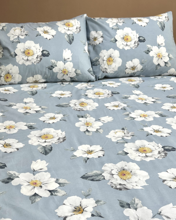 Lenjerii de pat - Lenjerie de pat din bumbac ranforce 100% - Elisa, bleu cu flori albe