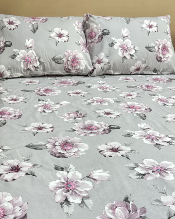 Lenjerii de pat - Lenjerie de pat din bumbac ranforce 100% - Elisa, gri cu flori roz