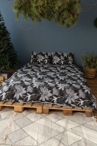 Lenjerie de pat din bumbac percale - Negru cu Flori Albe [1]