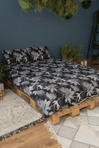 Lenjerii de pat - Lenjerie de pat din bumbac percale - Negru cu Flori Albe