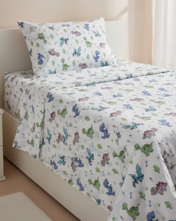 Set lenjerie Bumbac Ranforce - Lenjerie de pat pentru copii din bumbac ranforce 100% - Dinozauri verzi