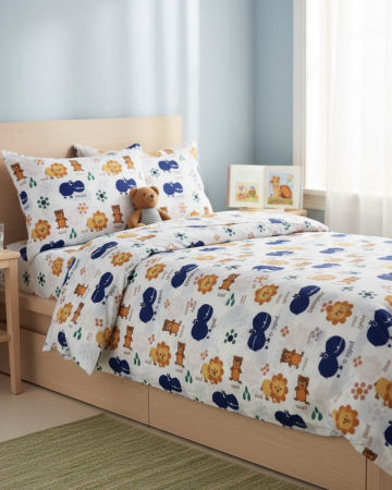 Set lenjerie Bumbac Ranforce - Lenjerie de pat pentru copii din bumbac ranforce 100% - Leu si urs