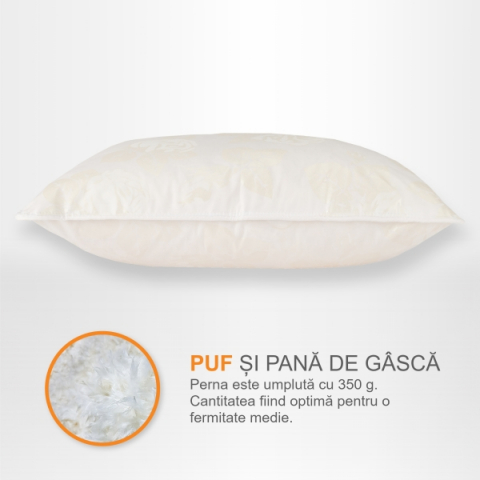 Perna cu Puf și Pană de Gâscă, 70*70, Alb cu trandafiri Argintii [1]