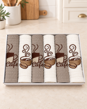Prosoape bucătărie - Set 6 prosoape bucătărie brodate cu cafea