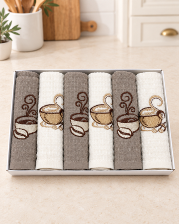 Prosoape bucătărie - Set 6 prosoape bucătărie brodate cu cafe