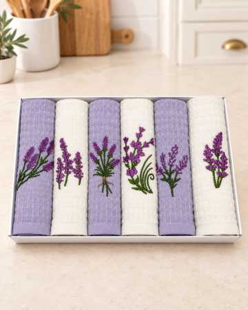 Prosoape bucătărie - Set 6 prosoape bucătărie brodate cu lavanda