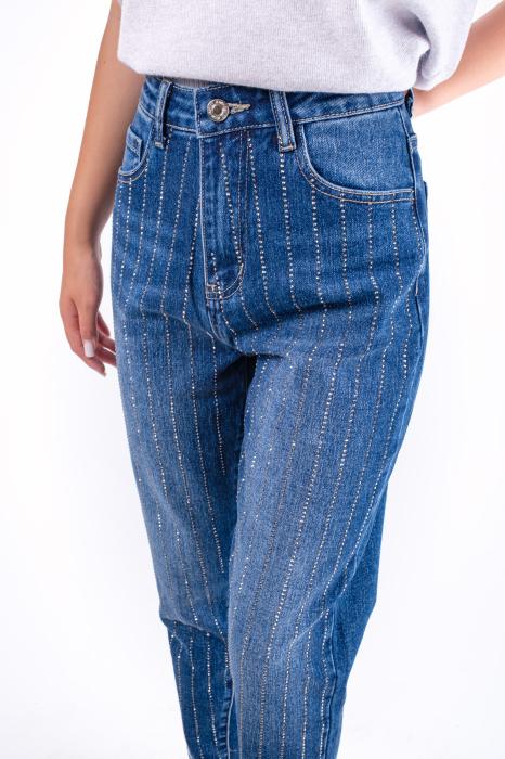 Blugi dama cu talie inalta si pietre aplicate [2]