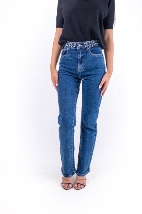 Blugi eleganti cu strasuri si talie inalta [4]