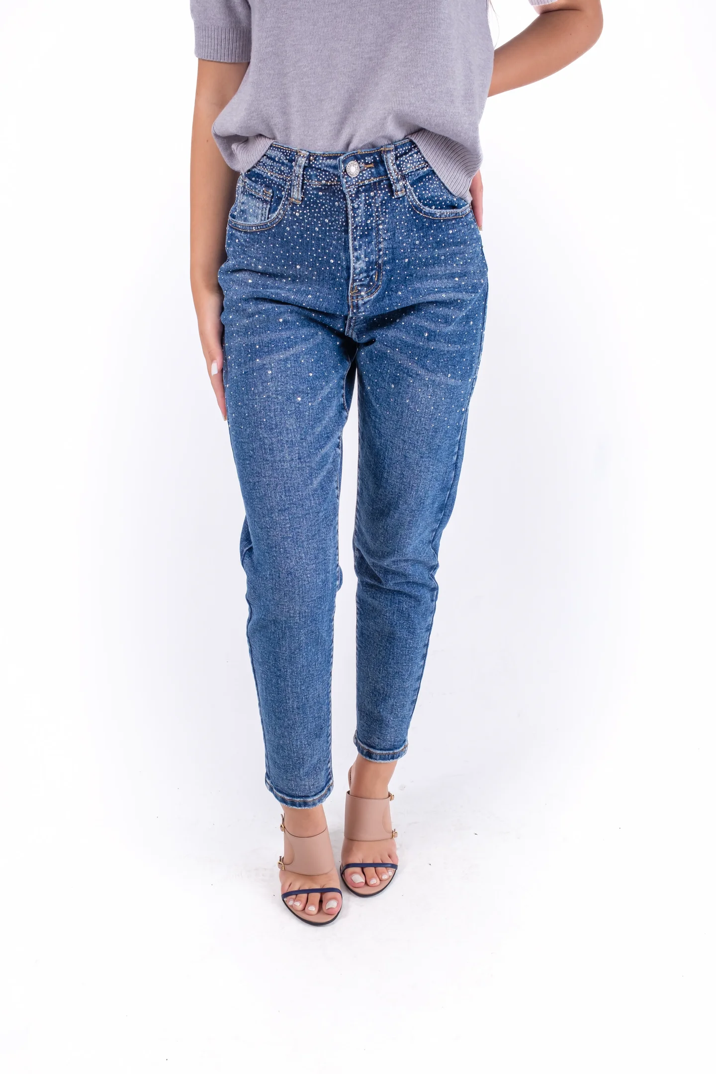 Blugi regular din denim cu pietre decorative [2]