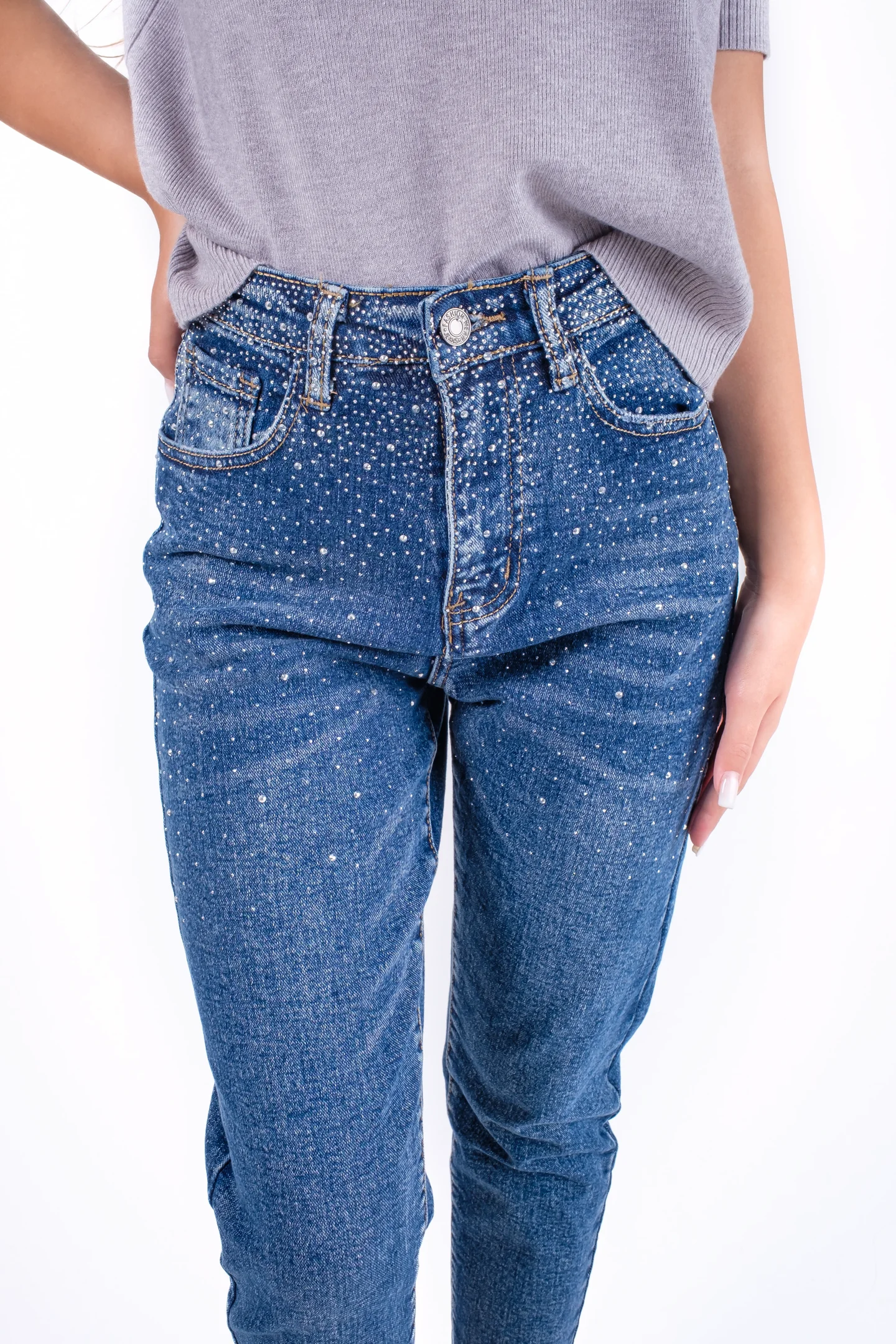 Blugi regular din denim cu pietre decorative [3]