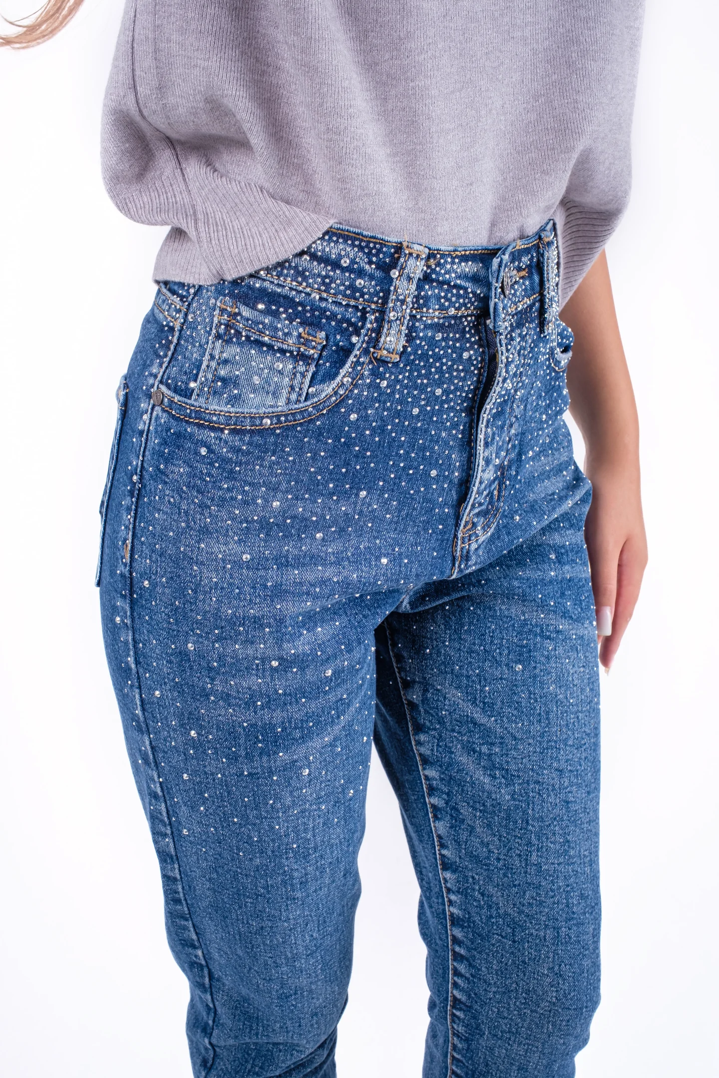 Blugi slim din denim cu pietre decorative – ANAIL FASHION [5]