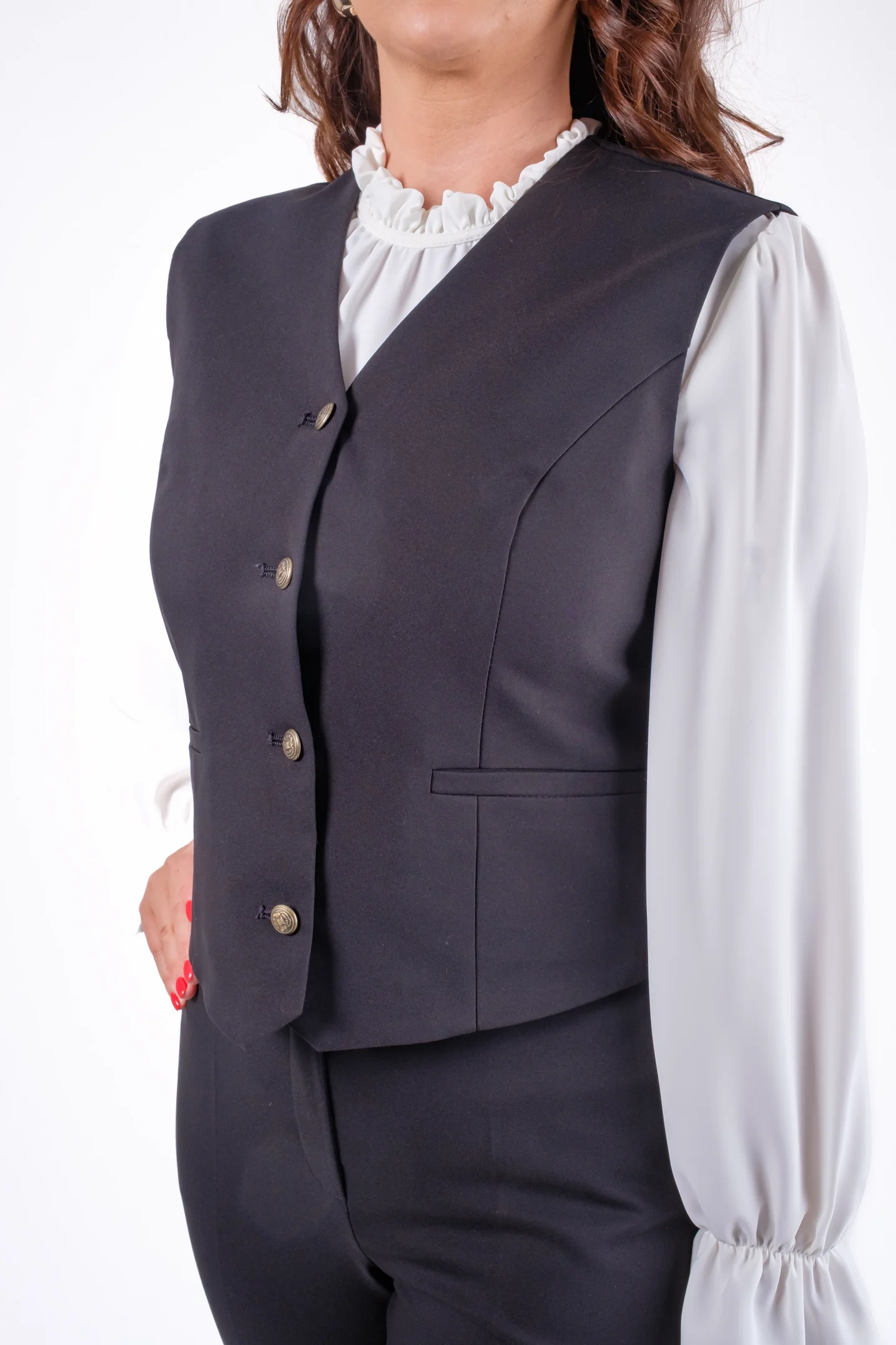 Costum negru damă cu vestă și pantaloni evazați [5]