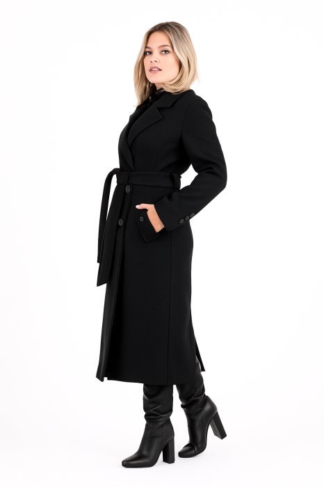 Palton lung negru dama cu cordon si croiala cambrata [2]