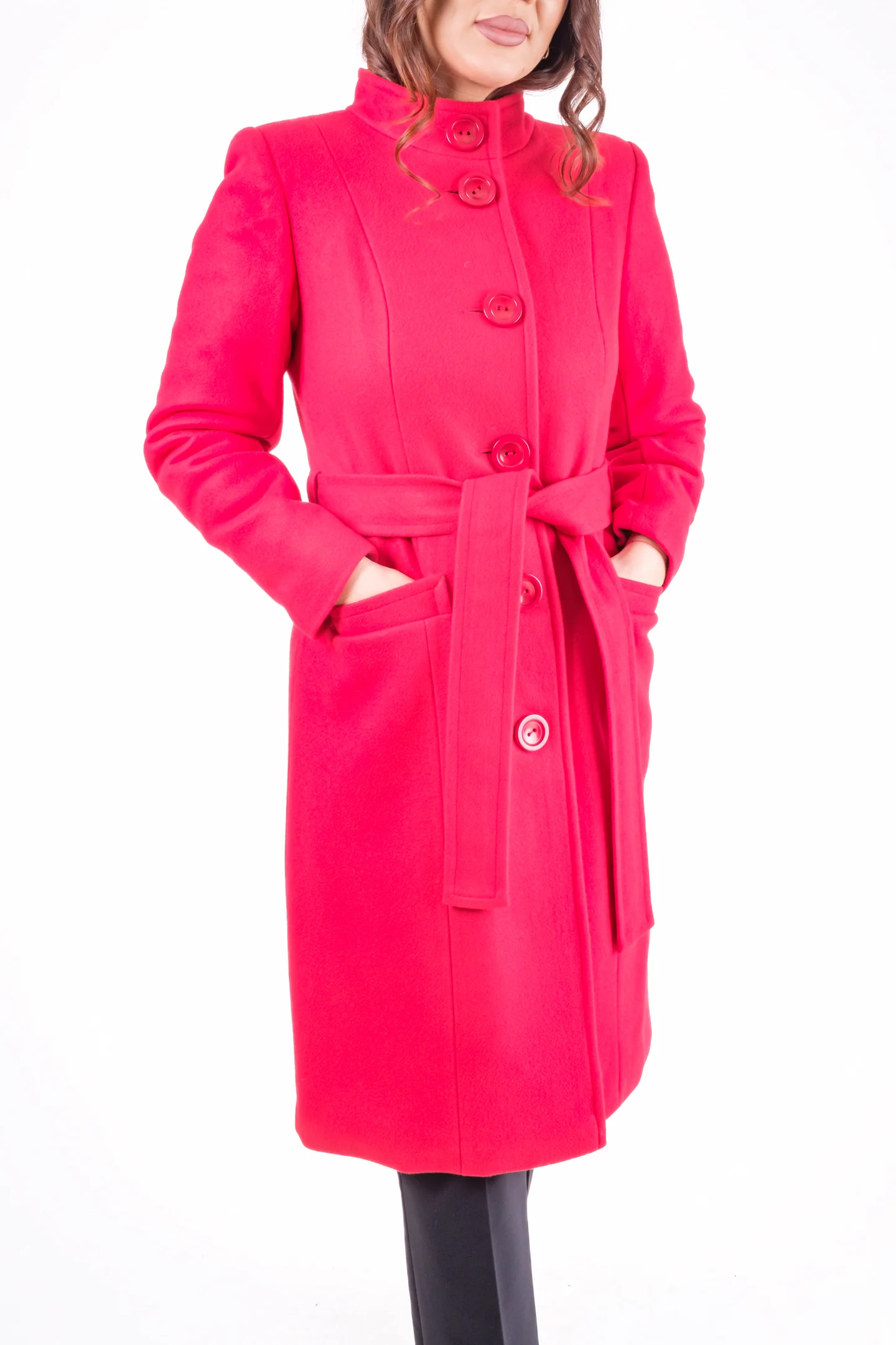 Palton roșu damă cu nasturi și cordon în talie [2]