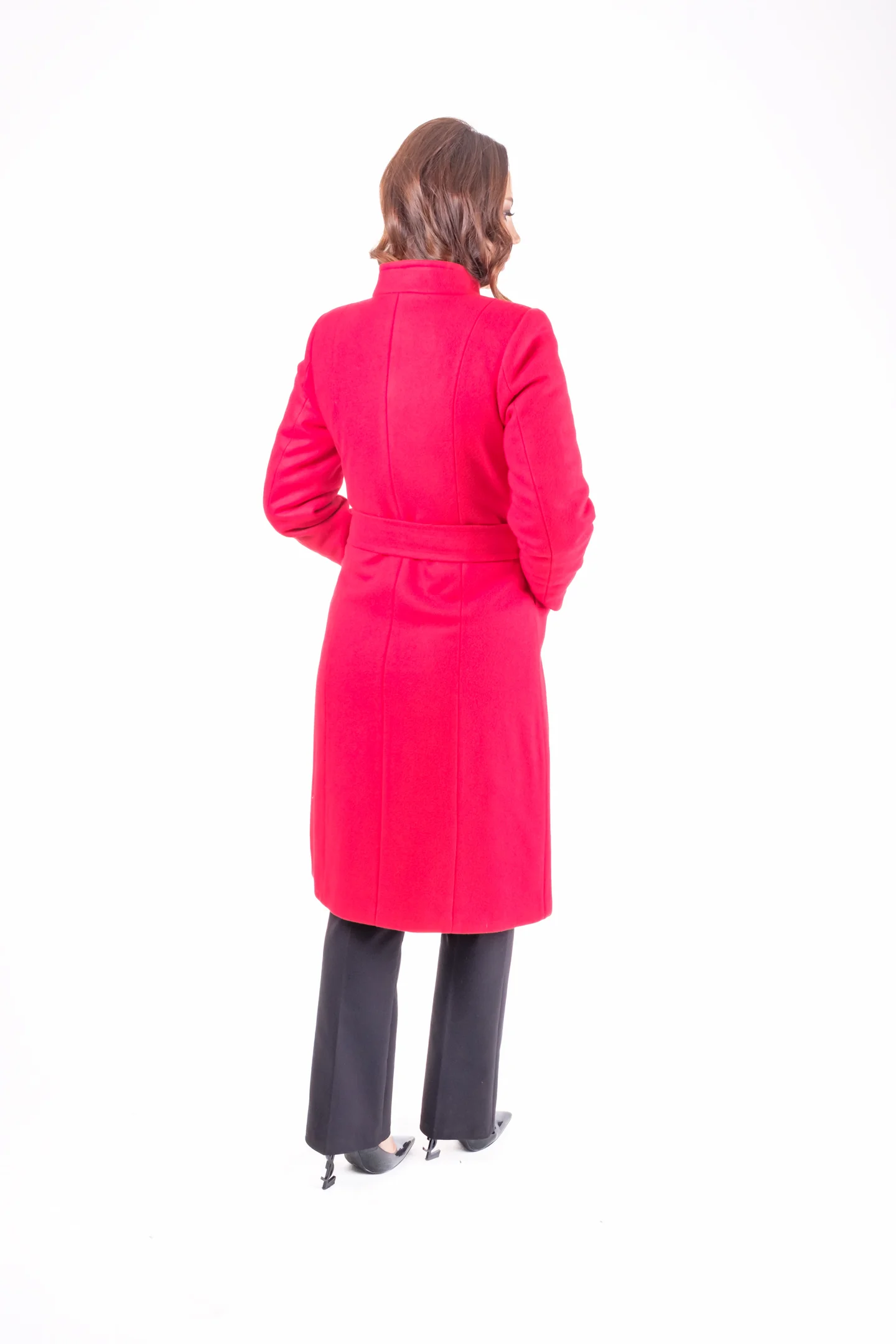 Palton roșu damă cu nasturi și cordon în talie [7]