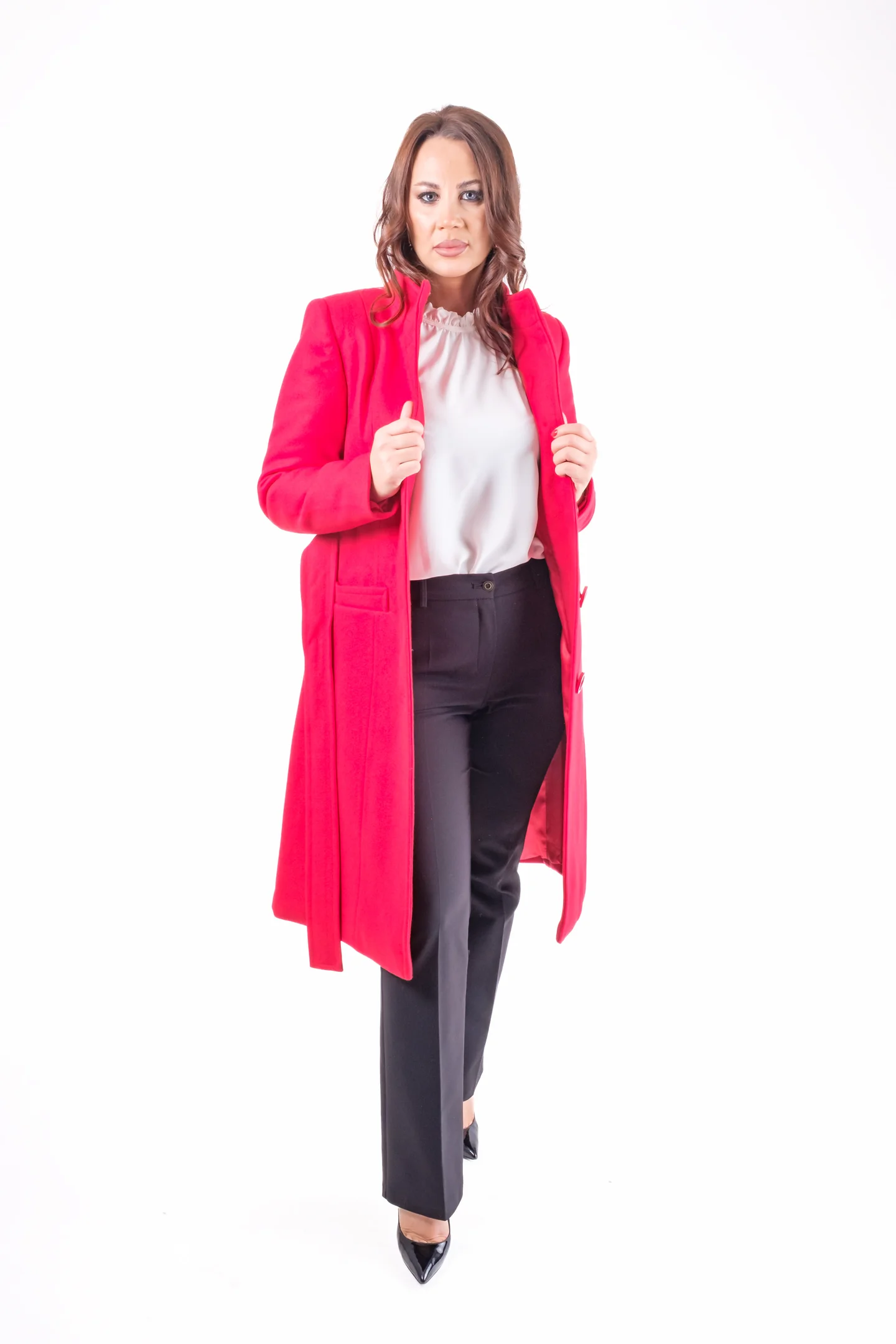 Palton roșu damă cu nasturi și cordon în talie [4]