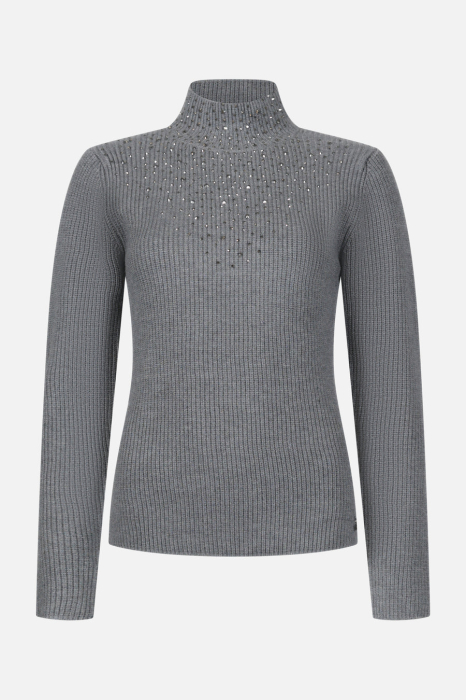 Pulover dama gri cu guler inalt si aplicatii de margelute [1]