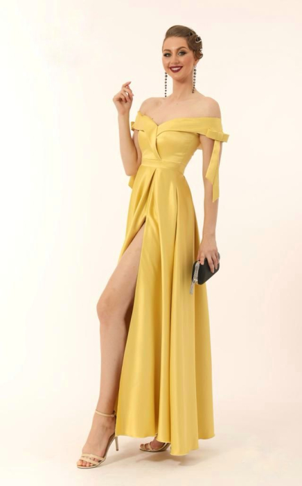 Rochie din tafta galbena cu croiala ampla,si deschidere laterala [1]