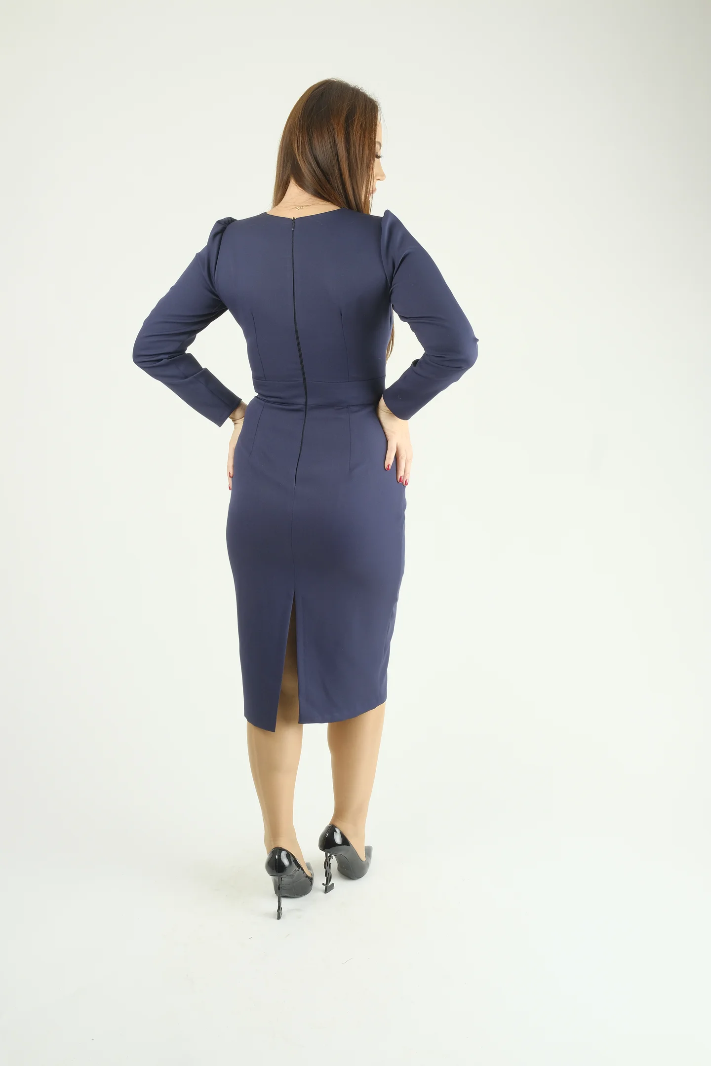 Rochie eleganta bleumarin cu nasturi decorativi si croiala tip creion [6]