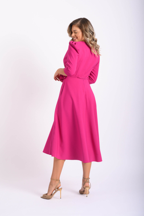 Rochie eleganta fichsia midi cu cordon si trandafiri decorativi [5]