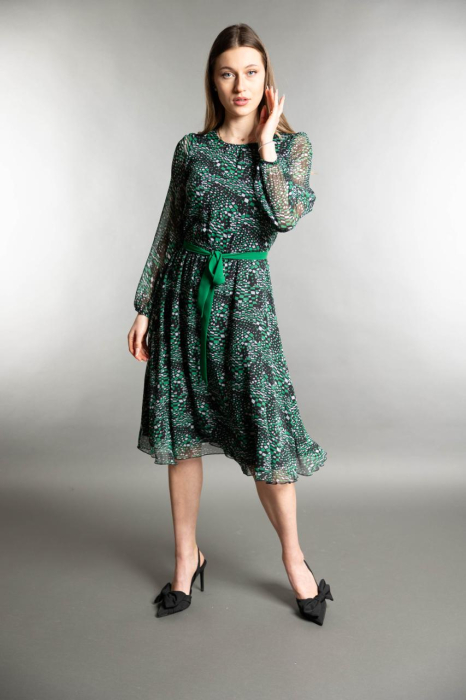 Rochie eleganta midi cu imprimeu geometric si cordon in talie [2]