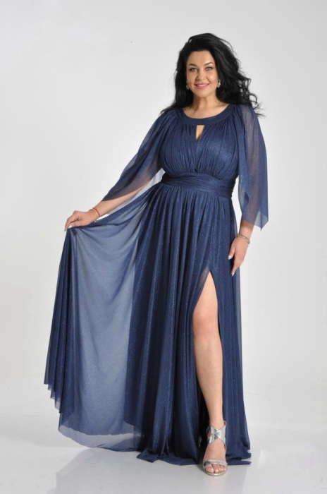 Rochie lunga bleumarin din voal cu fir stralucitor si maneca evazata [1]