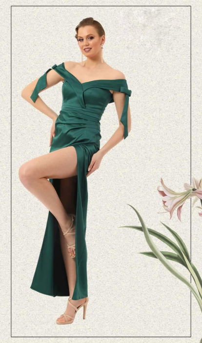 Rochie lunga de seara verde smarald,cu umeri cazuti si deschidere pe picior [2]