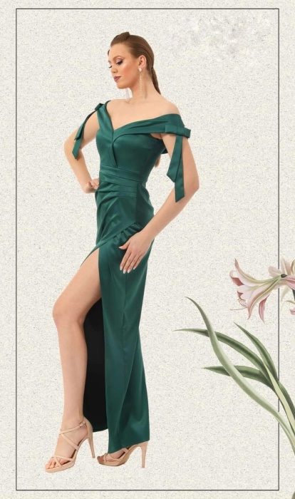 Rochie lunga de seara verde smarald,cu umeri cazuti si deschidere pe picior [3]
