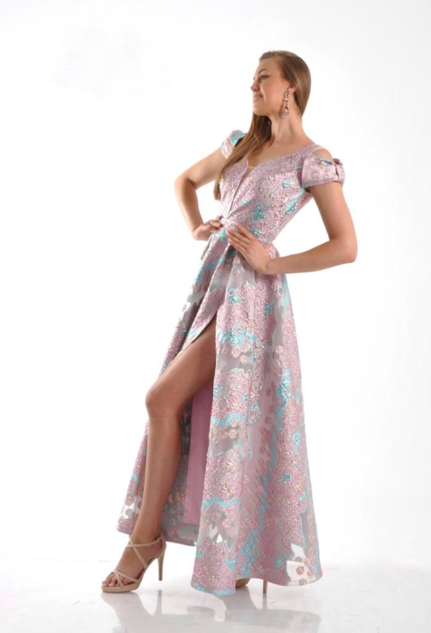 Rochie lunga eleganta din tafta brocart ,cu despicatura pe picior [3]