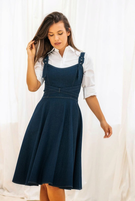 Rochie midi din denim albastru cu bretele reglabile si croiala in clos [2]