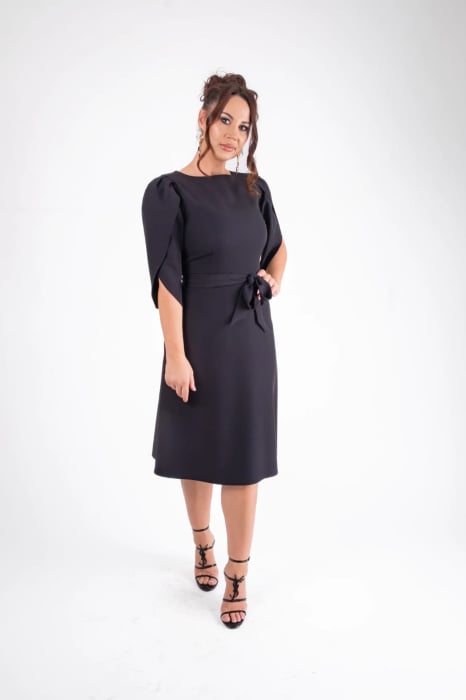 Rochie midi eleganta cu maneci petrecute si cordon,model office [2]