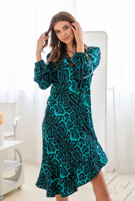 Rochie midi verde cu animal print si maneci bufante [2]