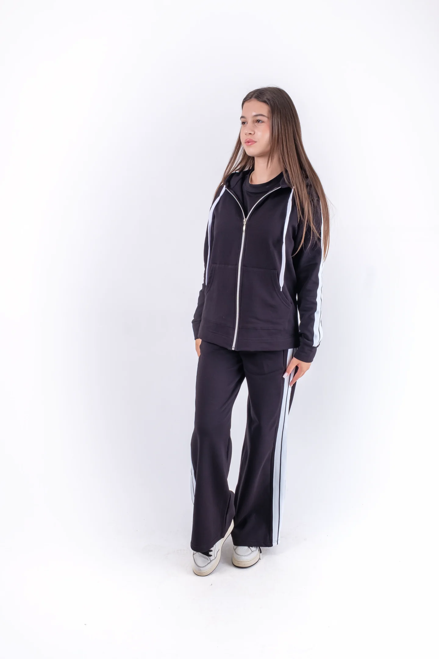 Trening din bumbac cu dungi laterale si hanorac cu fermoar [1]