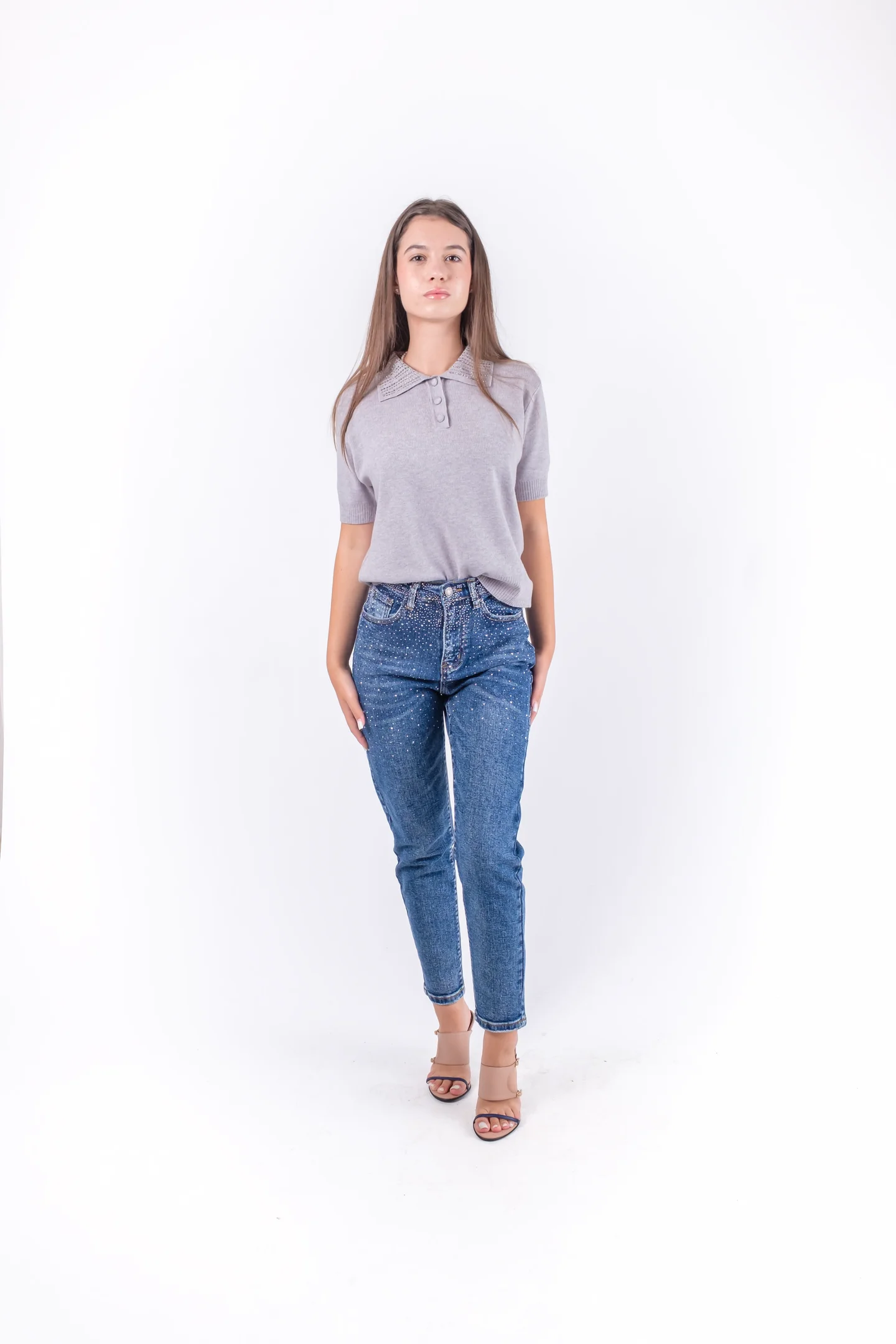 FEMEI - Blugi regular din denim cu pietre decorative